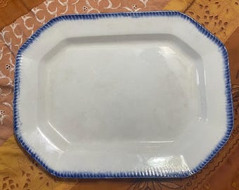 Antique feather-edge blue and white platter, 10 x 13&quot;, unmarked ironstone