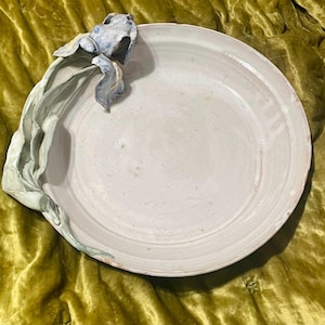 Hand-thrown art pottery bowl, sculpted serving dish, round with blue Iris, signed