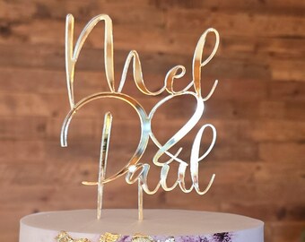 Custom Script Wedding Cake Topper, Personalized Mr & Mrs, Gold