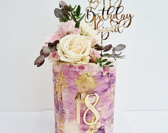 Personalized Happy Birthday Cake Topper, Custom Name and age charm, gold