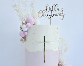 Personalised Christening Name and Long Cross Cake Charm Set | Acrylic | Various Colours