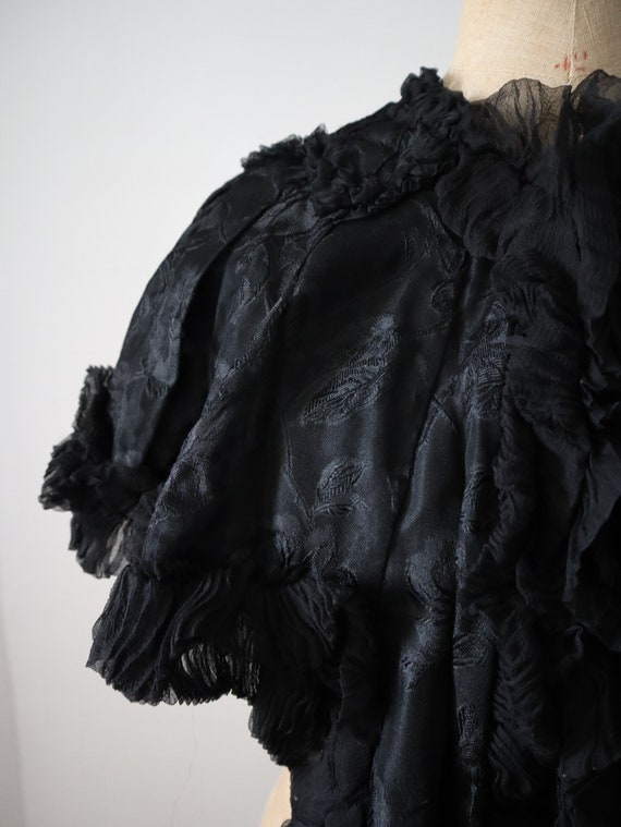 Antique Black Damask Silk Capelet Chiffon Ruffles… - image 4