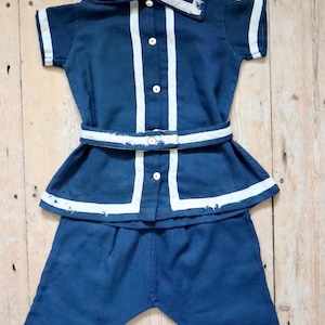 Antique 1900 1910 Baby Toddler French Edwardian Blue Wool Sailor Bathing Costume Swimsuit Swimming