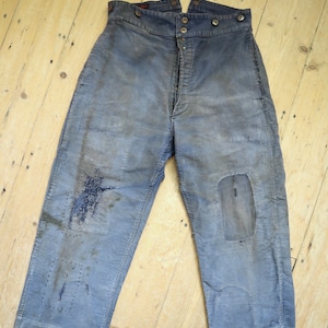 1950s French Le Salvetal Blue Moleskin Workwear Trousers Pants Repairs Darned Patched High Waist