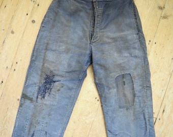 1950s French Le Salvetal Blue Moleskin Workwear Trousers Pants Repairs Darned Patched High Waist