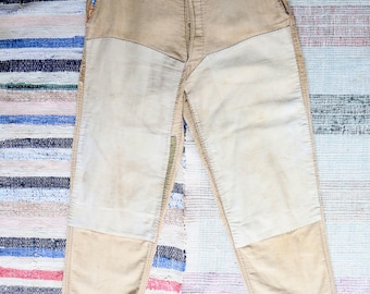 French Workwear Trosuers Pants light Brown Moleskin Patched Repaired Chore Rare 1950s