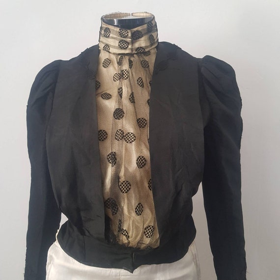 Antique French 1890s Bodice Black Cream Polka Dot