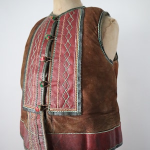 Antique 1910s-20s Hungarian Sheepskin Folk Vest | Traditional Transylvanian Leather Waistcoat with Wool Pompoms & Braided Detail | Rare Coll