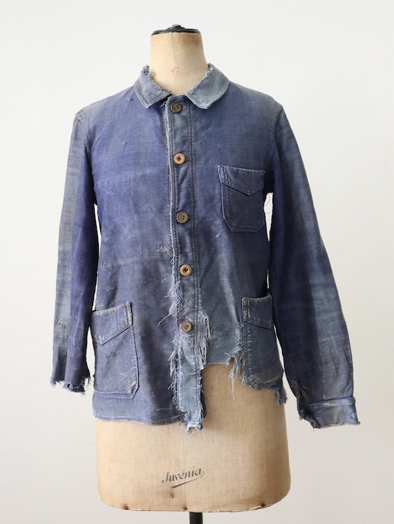 激安アウトレット通販 1920s - 30s French Blue Moleskin Jacket Relic Repairs Damage トップス