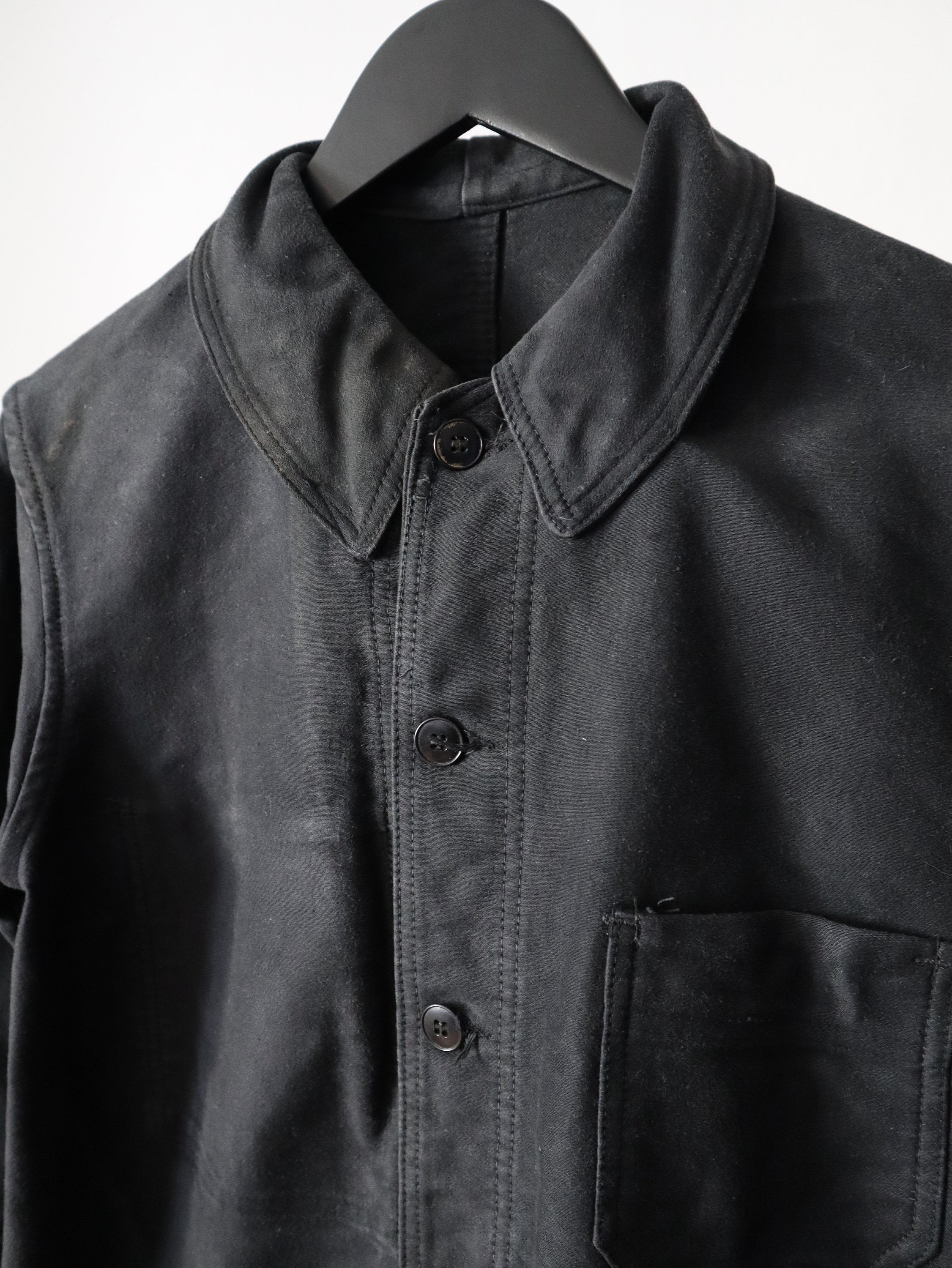 1940s French Black Moleskin Workwear Chore Jacket Coat Le 1940s French Black Moleskin Workwear Chore Jacket Coat Le
