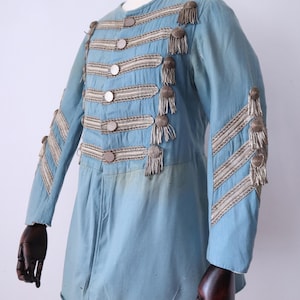 Antique 19th Century Theatrical Military-Style Jacket | Hand-Sewn Powder Blue Costume Coat  Metal Ribbon Trim Tassels