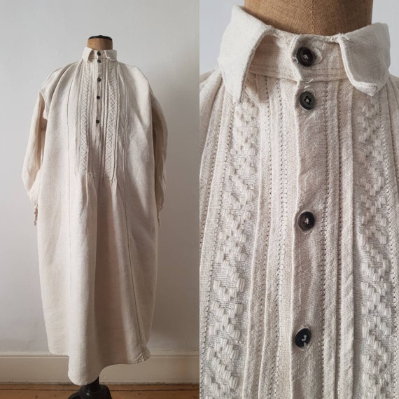 Romanian long folk Smock shirt natural homspun lin
