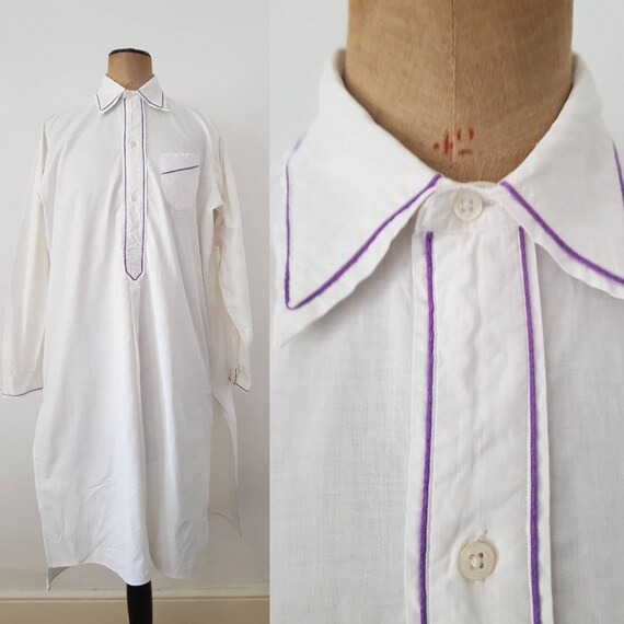 1930s French White Cotton Dress Shirt Purple Trim