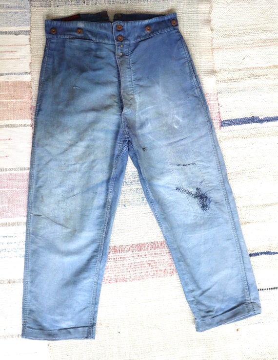 1940s French Blue Moleskin Workwear Trousers Pants High Waisted 