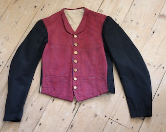 1920s French Red and Blue Striped workwear jacket Black Sleeves  servant vest sleeves wool cotton