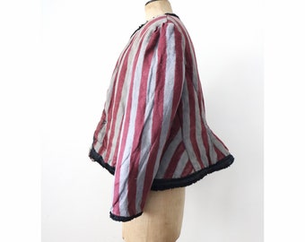 1930s Hungarian Folk Jacket black Velvet Burgundy Grey Stripe Cotton Lining