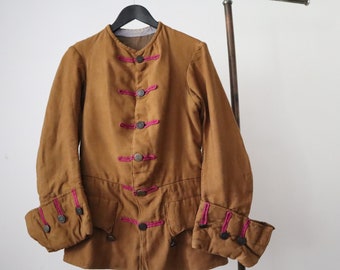 Antique French Theatre Costume Jacket Cotton Wool Magenta Trim Embossed Metal Buttons 18th Century Style Frock Coat