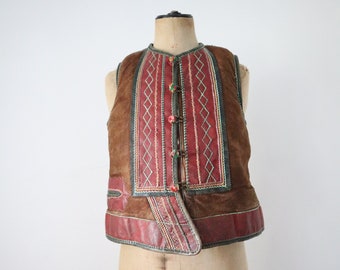 Rare 1930s Hungarian Sheepskin Leather Vest Waistcoat Wool pom-poms Brown Red Green Eastern European Folk