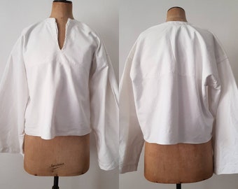 Slovakian White Linen Folk Tunic Smock Top shirt Embroidered Extra Long Sleeves 1940s