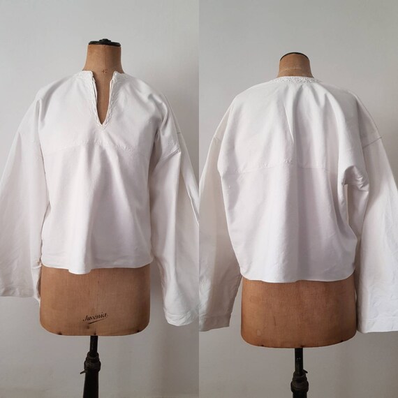 Slovakian White Linen Folk Tunic Smock Top shirt E