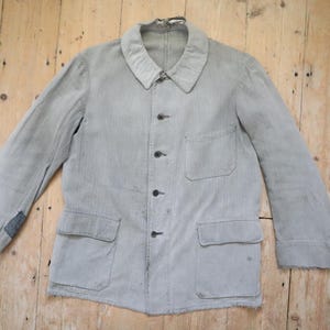1930s French Grey Cotton Workwear Jacket Patched Repaired