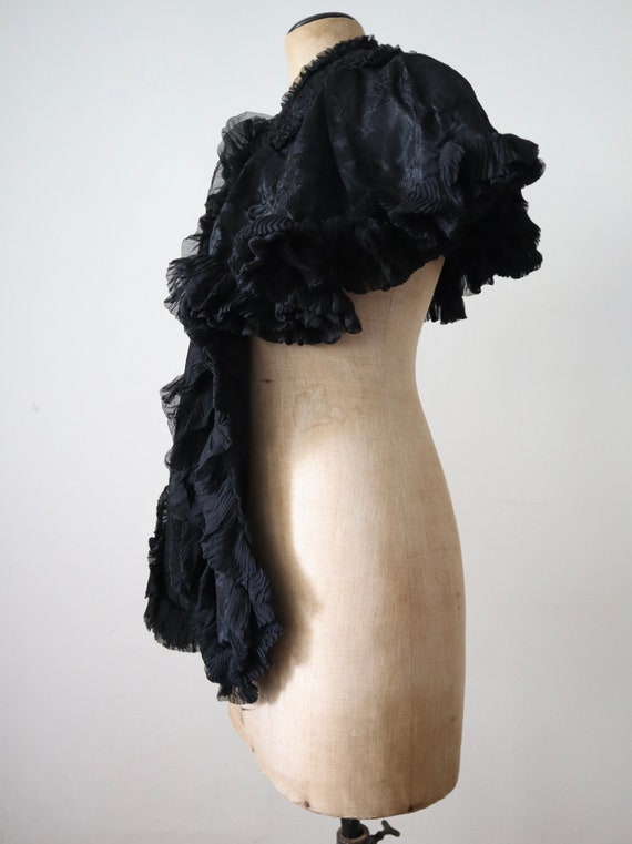 Antique Black Damask Silk Capelet Chiffon Ruffles… - image 3