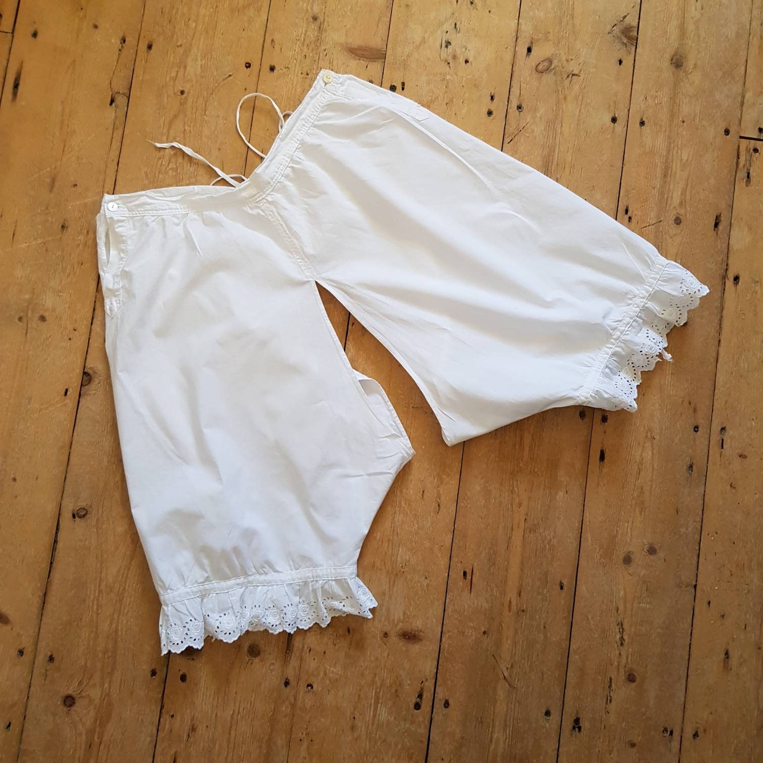 Image of Antique French Bloomers White Cotton Broderie Anglaise Embroidery Shorts Edwardian Early S
