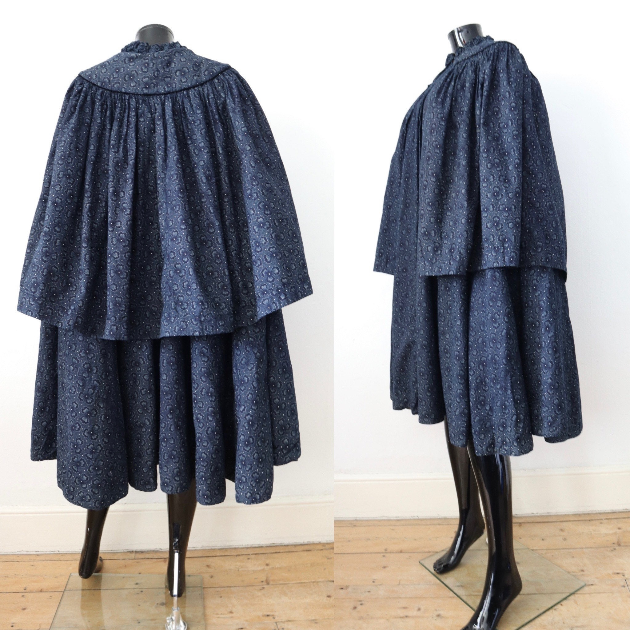 Rare Antique German Indigo Cape Blue White Block Print 1880s 19th 