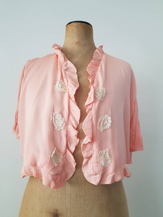 1930s French Pink Silk Bolero Blouse Jacket Lace a