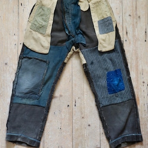 1940s French Workwear Trousers Brown Corduroy Patched Repaired Indigo