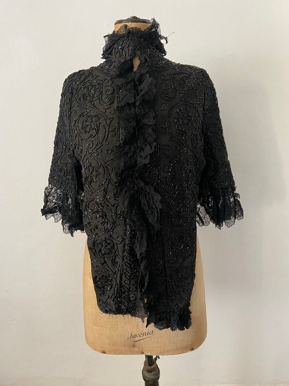 Early 1900s French antique mantle cape black silk 