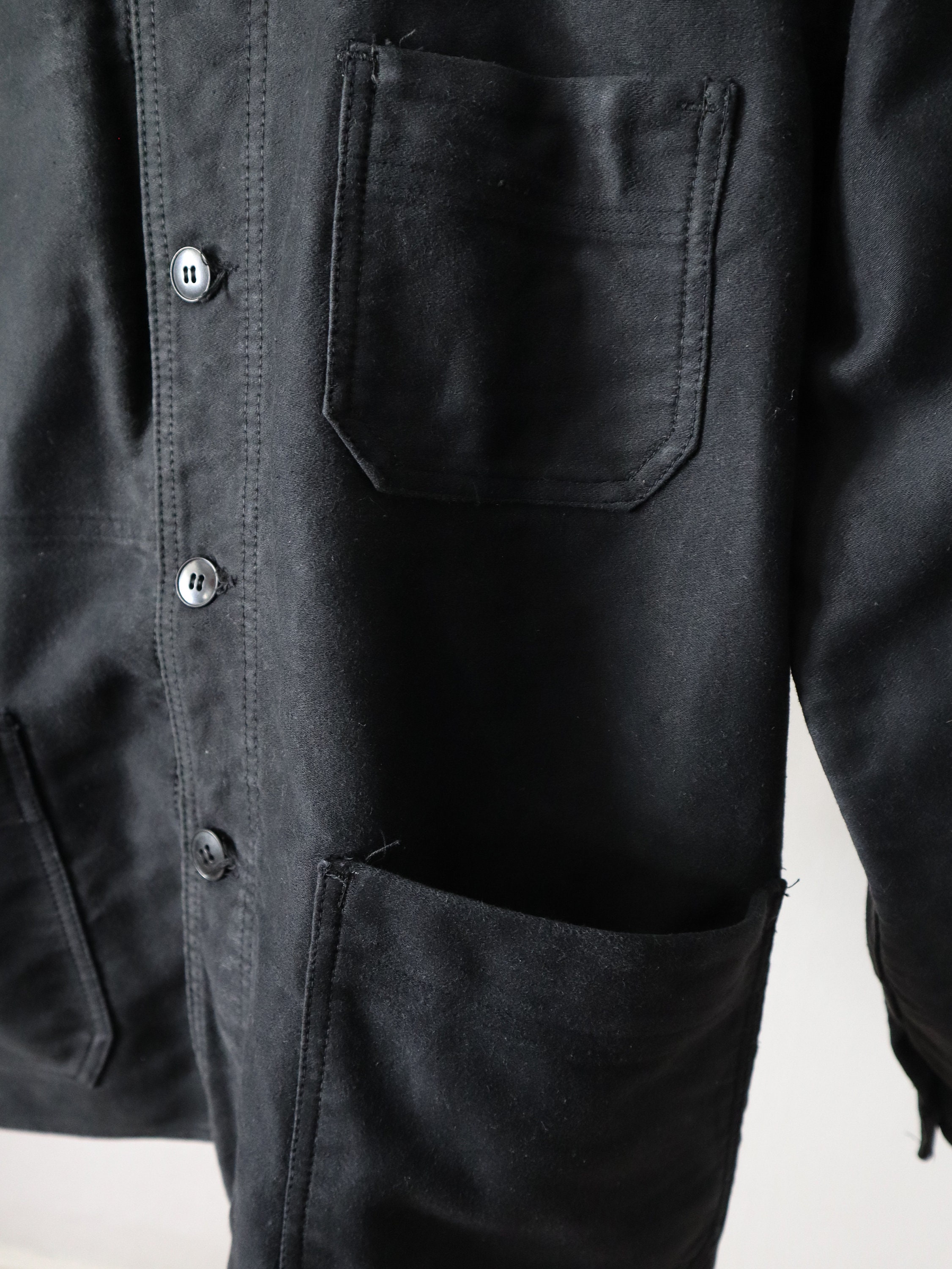 1940s French Black Moleskin Workwear Chore Jacket Coat Le 1940s French Black Moleskin Workwear Chore Jacket Coat Le