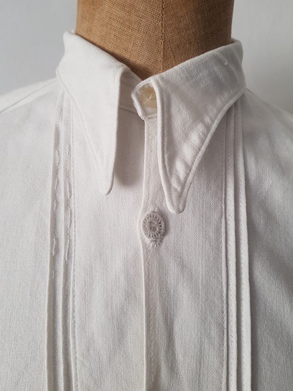 1930s Slovakian White linen shirt button collar t… - image 1