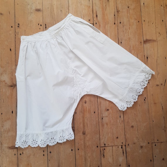 Antique French white cotton bloomers embroidered e