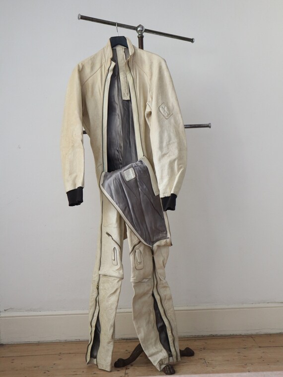 1970s Cream Leather Motorcycle Suit French Racing Gem