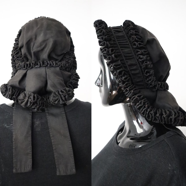 Antique French Bonnet Black Pleated Cotton Silk 19th Century