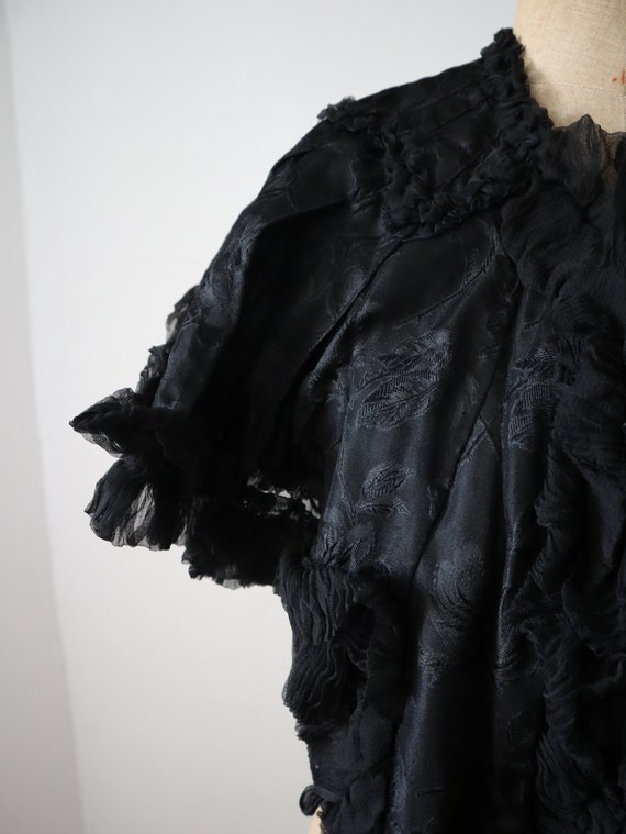 Antique Black Damask Silk Capelet Chiffon Ruffles… - image 2