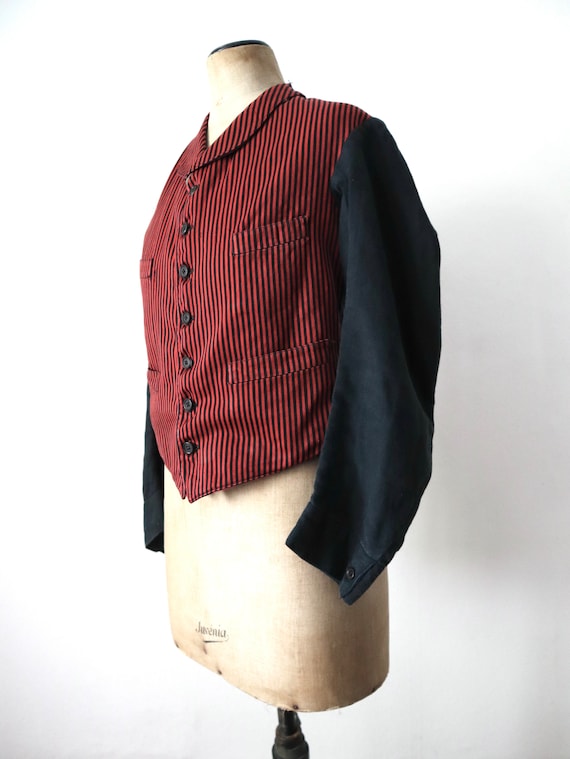 1920s French Red and Black Striped workwear jacke… - image 4