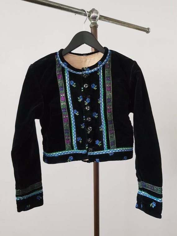 1930s Hungarian Folk Jacket Velvet Black White Em… - image 2