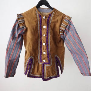 Antique French Opers Costume Jacket Brown Cotton Blue Stripe Sleeves Ribbon Trim Medieval Renaissance