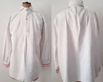 1930s Eastern European white linen folk shirt red Embroidered cuffs