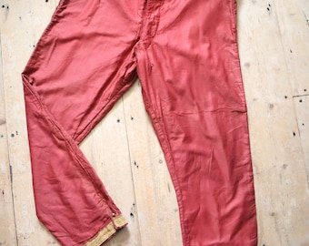 Antique French Red Cotton Sateen Trousers Gold metal ribbon Trim Button Fly Theatre Costume