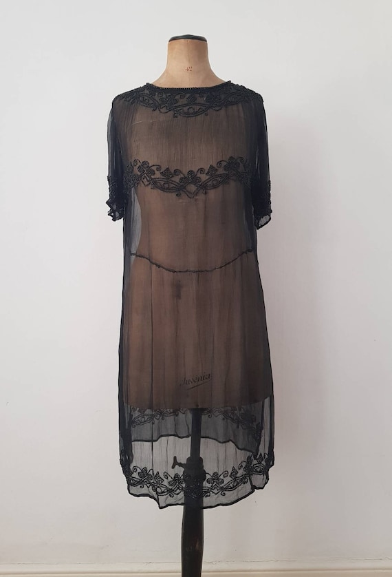 1920s Sheer Black Silk Dress Beaded Tunic Slip XS
