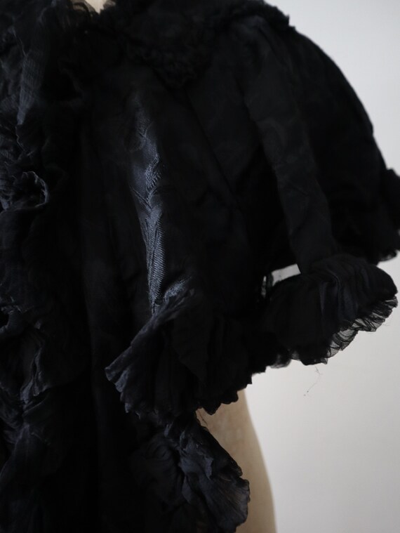 Antique Black Damask Silk Capelet Chiffon Ruffles… - image 5