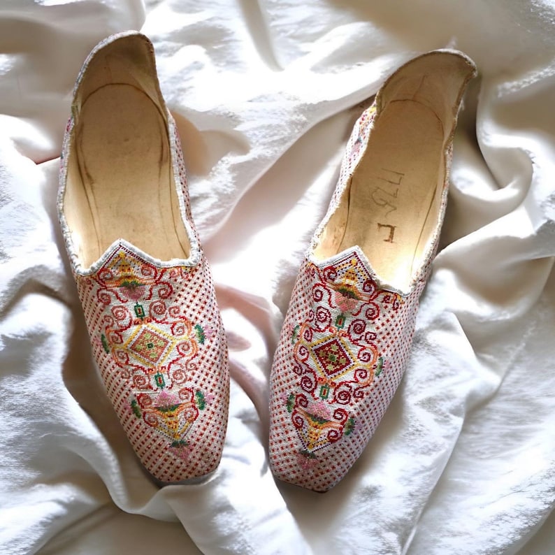 Antique French 18th Century Needlepoint Slipper Shoes Leather Soles