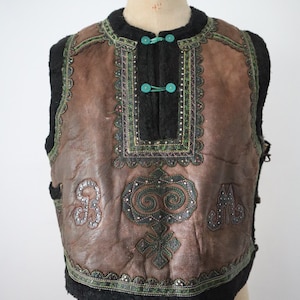 Antique 1920s Hungarian Sheepskin Leather Vest | Handcrafted Transylvanian Folkwear with Metal Foil Embellishments & Monogram B.M.