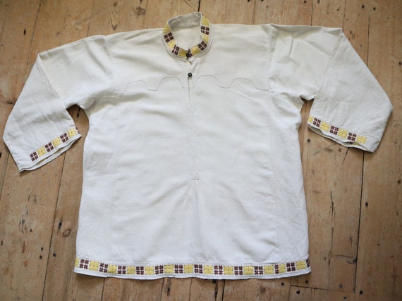 1940s Hungarian Linen Shirt Yellow Brown Embroidery Folk Clothing