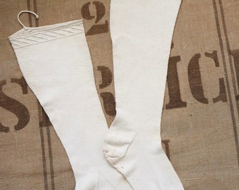 Antique French White Cotton Knitted Socks Stockings  19th Century