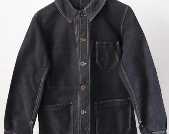 1940s French Black Moleskin Workwear Chore Jacket Coat Le Salvetat
