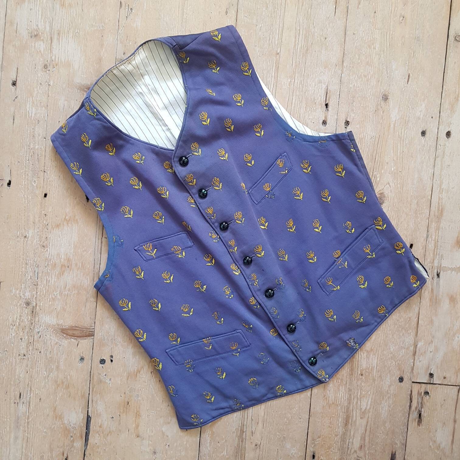 Image of 19Th Century French Waistcoat Vest Blue Wool Embroidered Floral Antique